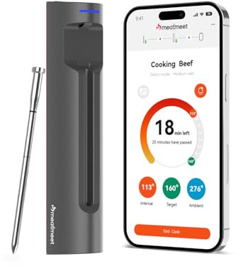Meatmeet S Pro Bluetooth Wireless Meat Thermometer, 1 Ultra-thin Probe with 6 Sensors, Smart APP Monitoring, IP69 Waterproof, Digital Cooking Thermometer for Kitchen, Air Fryers, Oven, BBQ, Grill
