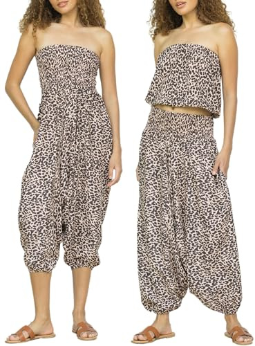 likemary Harem Pants Women – Converts into Strapless Jumpsuit – 2-in-1 Harems - Boho Hippy Trousers with Pockets Pulls Up into Comfy Romper Leopard Print