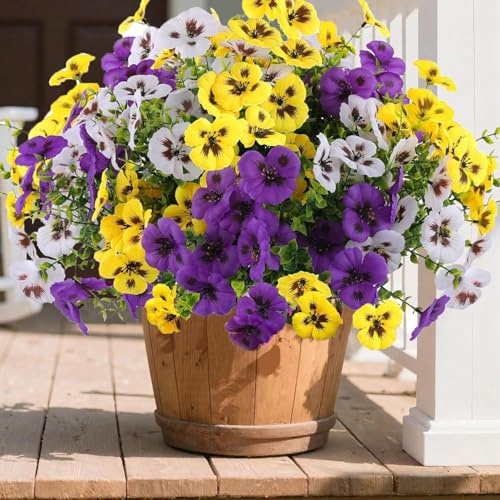 Artificial Silk Flowers 12 Bundles Fake Pansy Flowers for Indoor and Outdoor, Faux UV Resistant Pansies Multi Colors for Home, Garden, Graves Decoration