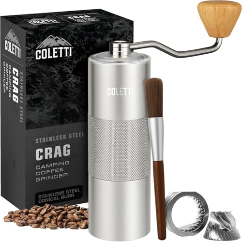 COLETTI Crag Manual Coffee Grinder — Hand Coffee Grinder — CNC Burr Precision Hand Grind, Heavy Duty for Travel, Camping, Hiking & Adventure – Includes Brush [Silver Coat]