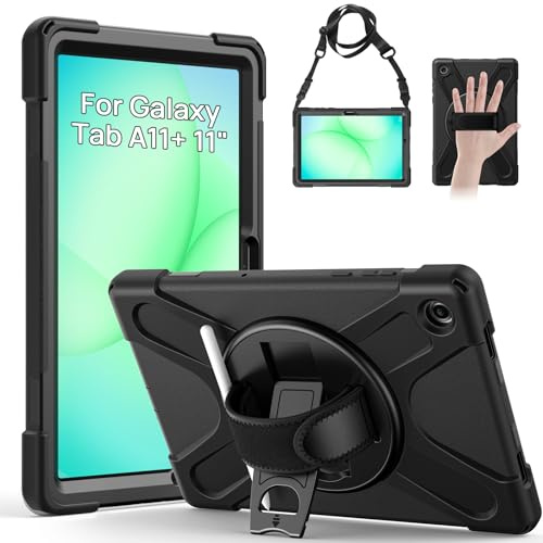 Gerutek Funda Anticaída para Samsung Galaxy Tab A11+ Plus 11 2025, Negro | SM-X230/X235/X236B, Carcasa Rugosa para Galaxy tab A11 Plus/A11+ con Soporte 360° Giratorio, Correa de Mano/Hombro, Bolígrafo