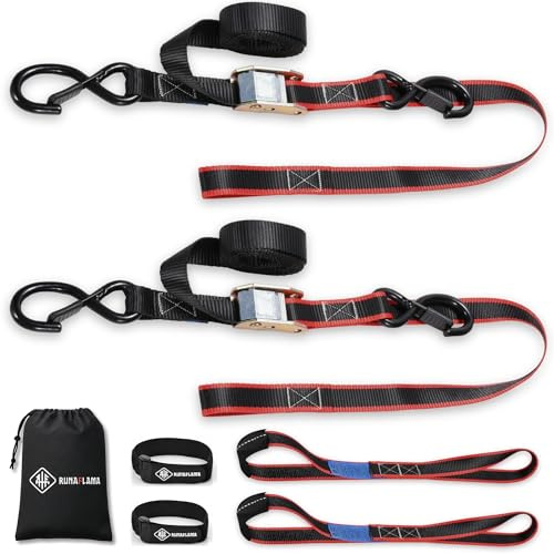 RUNAFLAMA - Cinchas de Amarre Moto - Eslingas de Carga para Remolque - Trinchas de Sujeción a Portamotos - Fuerza Rotura 550 kgf/Cinta - 2 Correas con Ganchos de 1,9m + 2 Eslingas de Amarre Cortas