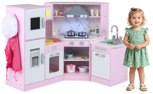 Maxmass Kids Corner Kitchen, Wooden Children Toy Kitchens with Separated Washing Basin, Lights and Sounds, Ice Maker, Chalkboard, Toddler Role Pretend Kitchen Playset for 3 + Years Old (Pink)