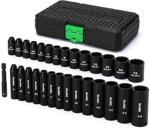 TecoTek 29 Pieces 1/4-Inch Drive Shallow and Deep 12-Point Impact Socket Set, CR-V, 4-15mm Metric, 1/4-1/4 Drill Adapter