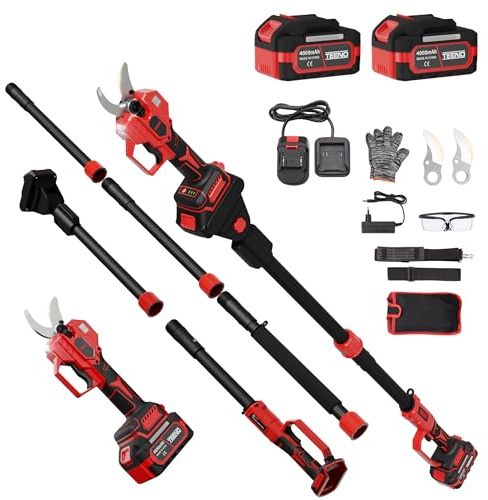 TEENO Tijeras de Podar Eléctricas con Palo Telescópico 2 en 1,Corte 50mm,Alcance de 4,3 m, 2 Baterías 4.0Ah, Cable Extensión de 1,05 m, Hoja SK5, Pantalla y Motor sin Escobillas para Árboles y Flores