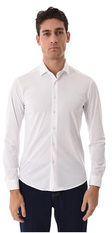 Ciabalù Camicia Uomo No Stiro Slim Fit Stretch - Camicia Elegante in Tessuto Tecnico Antipiega Elasticizzata Collo Classico (IT, Testo, L, Regular, Regular, Bianco)