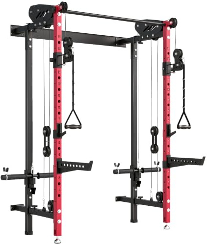 SPORTNOW Jaula de Potencia Musculación Plegable, Rack para Sentadillas en Pared con Barra de Dominadas, Sistema Poleas Dobles, Soportes Barra Ajustables en 14 Niveles, para Casa Gimnasio, Carga 700 kg