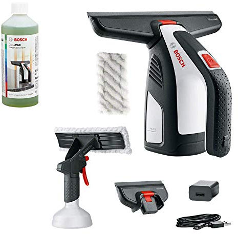 Bosch Lavavetri Aspiragocce Elettrico a Batteria, Caricabatteria USB, Cinghia da Polso, 2 Accessori, 3.6 V, confezione in Cartone + Detergente per vetri e superfici non porose, 500 ml