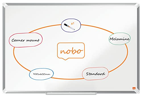 Nobo Melamine Whiteboard, Non-Magnetic, 900 x 600mm, Aluminium Trim, Corner Wall Mounting, Includes Whiteboard Pen, Premium Plus, 90 x 60cm, White, 1915167