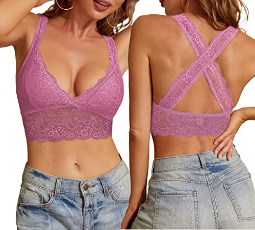 SHEKINI BH dam utan bygel bralette dam spets avtagbar vadderad bh racerback blommor bustier bh toppar topp rygg sexiga underkläder underkläder underkläder, Peachblow, L