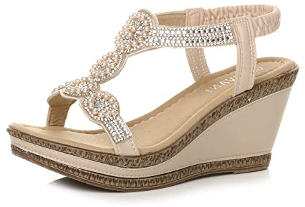 AJVANI Kvinnor damer hög kilklack plattformsspänne sommar peeptoe sandaler storlek, Beige Diamant, 38 EU