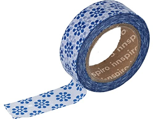 INNSPIRO Ruban masking tape Washi fleurs bleu 15 mm x 10 x m Série outremer