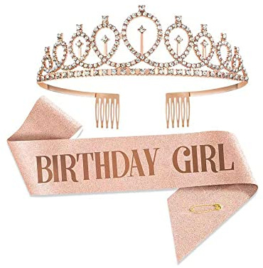 Anniversaire Fille Couronne avec Ceinture,Cristal Bandeau Décor Paillettes Blanches Princesse Diadème Accessoires et Champagne Couleur Ceinture