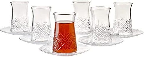 Pasabahce kristallturkiska teglas och fat, set med 12 turkiska tekoppsset, 6 koppar och 6 tallrikar perfekta för tebjudning, presenter, inflyttning, bröllop, årsdagar
