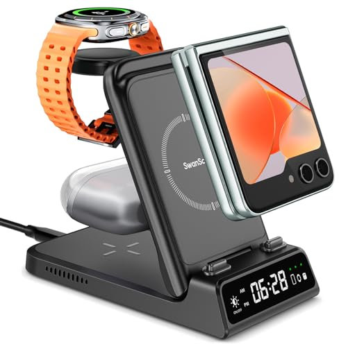 Wireless Charger for Samsung Z Flip 7/Watch 8, 3 in 1 Charging Station for Galaxy Flip7 FE/6/5/4/3/2, Galaxy Watch 8 Classic/Ultra 2025/7/6/5/4/3, Galaxy Buds 3/3 Pro, SwanScout 703F (No Adapter)