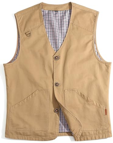 MeiLayM Hombres Al Aire Libre Chaleco Ligero Pesca de Algodón Chaqueta Casual Multi Bolsillo Chaleco Sin Mangas Respirable Trabajo Chaleco Cámping Fotografía Viajes Caqui,S