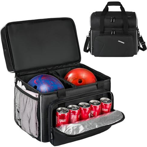 Jamiukro Bowling Balltasche, 2 Bälle Bowlingtasche mit abnehmbarem gepolstertem Kissen und Ballhalter, passend für EIN einzelnes Paar Bowlingschuhe bis Größe 16 für Herren, Schwarz