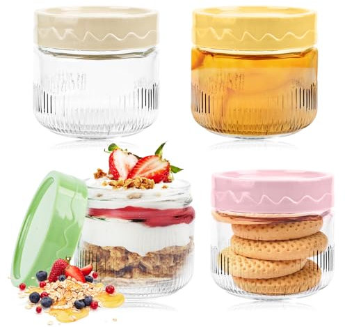 SUPRROW Paquete de 4 tarros de avena coloridos de 250 ml, reutilizables, con tapas de rosca, ideales para avena nocturna, yogur, ensalada, aderezos, mermeladas, gelatinas, salsas picantes, miel, 9 x