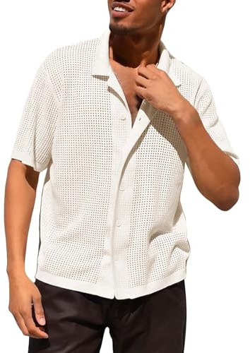 Camisa de punto de manga corta para hombre, camisa de manga corta con hueco, transpirable, de verano, holgada, casual, para playa, trabajo, camisa de fácil ajuste, camisa deportiva holgada para