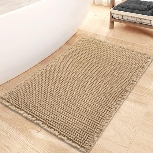 Mavicen Waffle Badteppich, 61 * 91cm Superabsorbierende Badematte rutschfest, Maschinenwaschbare Bequeme Badteppiche mit Quasten, Stilvolle Badematte Boho für Badezimmerboden (Braun)