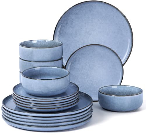 Homikit Vajilla, vajilla de gres de 18 piezas para 6 personas, vajilla de esmalte reactivo incl. juego de cuencos y platos, apta para microondas y lavavajillas, resistente a los arañazos, Azul Urano