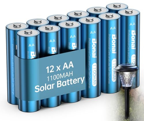 BONAI 12-Pack Solar Light Batteries - 1100mAh AA Rechargeable Batteries for Garden, String, Christmas Lights, and More