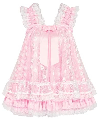 Satini Sissy Satin Lacy Babydoll, Baby Pink - White, L