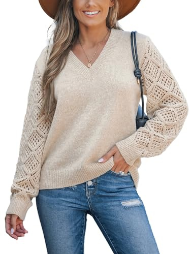 CUPSHE Tröja för kvinnor stickad virkad långärmad v-ringad lätt överdimensionerad tröja pullover för vintern, Aprikos, M