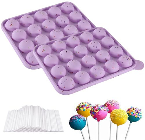 Puedno Moule à cake pop, en silicone, avec 100 bâtonnets à cake pop, 20 sucettes rondes, en silicone, pour bonbons, cupcakes, gelée, violet