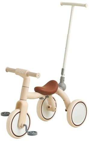 4-in-1 Toddler Tricycle with Adjustable Push Handle for 1-4 Year Old,Birthday Gift and Toy for Boys and Girls Removable Pedals Balance Bike&Scooter (Beige)