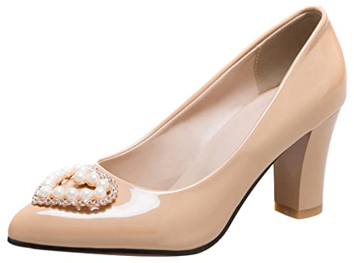 Lizoleor Decollete Donna Tacco Largo Alto Punta Scarpe Senza Chiusura Sposa Festa Business Eleganti Glitterato Vernice Apricot Numero 31 EU