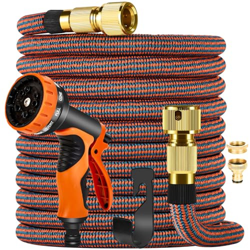 Manguera de jardín mejorada 3750D con pistola de pulverización de 8 funciones, manguera expandible flexible resistente con accesorios de latón macizo, diseño antitorceduras y ligero para jardinería