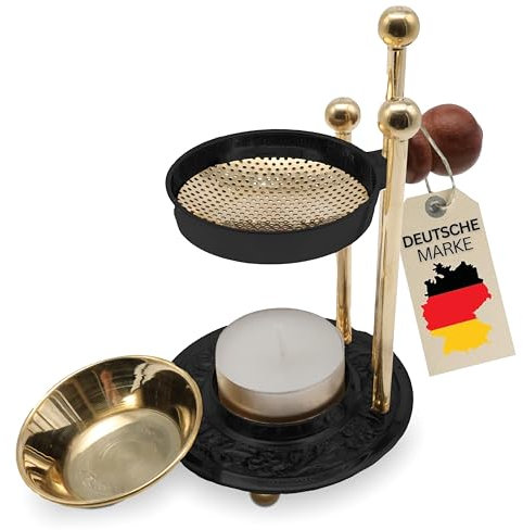 SonKo Weihrauchbrenner Räucherstövchen mit Sieb zum Räuchern und Meditation - spirituelle Geschenke zum Räuchern von weißer Salbei, Weihrauch, Boswellia Messing/Schwarz (Brenner-Set)