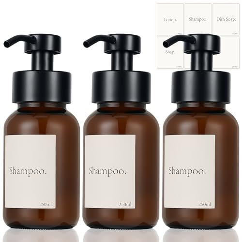 Set di 3 dispenser di sapone in vetro nero, 250 ml, dispenser di sapone per doccia, in acciaio inox, con etichette, dispenser di shampoo per cucina, bagno (marrone)