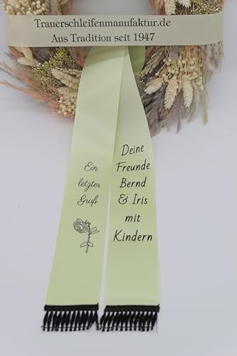 Generisch SuperSatin Trauerschleife mit Text, Grabsgesteckband nach Wunschtext, Urnen- Grabstrausschleife, Kranzschleife Verschiedene Breiten (maigrün, 7,5 cm für einen Strauß)