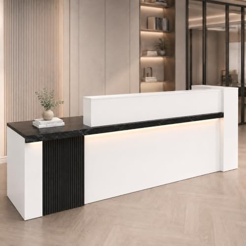 Laxodor 71/180cm Modern Reception Desk with Drawers, Open Shelves, Keyboard Tray and LED Lights, Large Front Desk Reception Counter, Shop Checkout Counter for Office, Salon, Clinic, Boutique, Studio