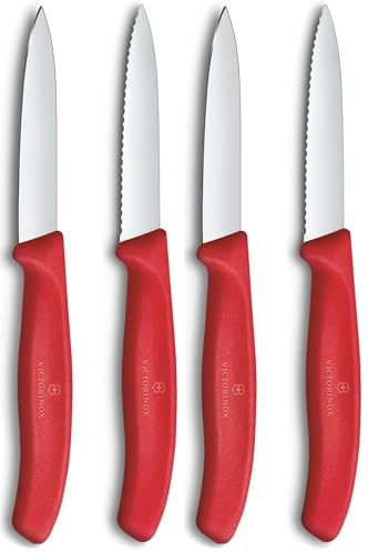 Victorinox Swiss Classic Coltello per verdure e spelucchini, per frutta e verdura, Extra affilato, dritto e seghettato, Acciaio inox, Rosso (Confezione da 2)