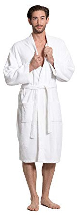 Turkuoise Men's 100% Cotton Turkish Terry Cloth Kimono Collar Soft and Absorbent Bathrobes (White, One Size)