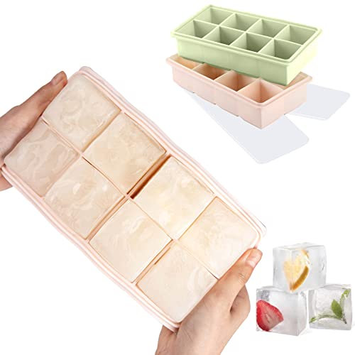 LessMo XXL Cubitera de Silicona con Tapa I Bandeja de Hielo I Paquete Doble I Bruto 4.8cm (1.89 Inch) Cubos de Hielo I -40 – 260°C I BPA – Free (Rosa&Verde)