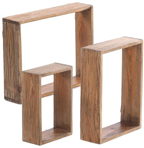 DESIGN DELIGHTS 3ER Set MASSIVHOLZ Wand Regale CUBEN | Recyclingholz, Shallac lackiert, Höhe 35-50 cm | Wandregal Set, Vintage Regale in 3 Größen | Farbe: 01 Natur-Vintage