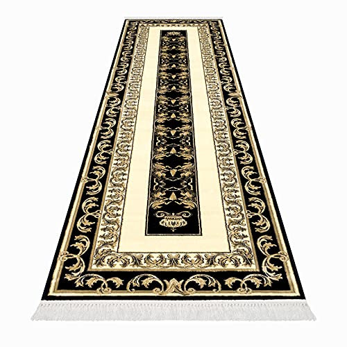 Premium Flur Teppich Läufer Teppichläufer Flur Schlafzimmer Wohnzimmer Kurzflor in Schwarz Gold mit Fransen - Mäander Pegasus Design Vintage Antirutsch K-Seidenglanz 100% Viskose Öko Tex - 80x400 cm