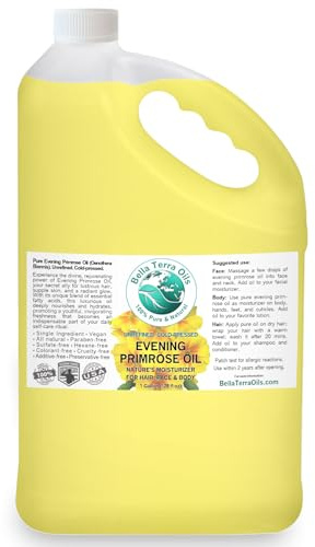 Bella Terra Oils Pure Evening Primrose Oil for Radiant Skin and Lustrous Hair – 1 gallon, Nutrient-Rich, Non-Greasy, Quick Absorb