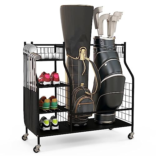 GOPLUS Organisateur de Rangement pour Club de Golf, Étagère de Rangement avec Roues Verrouillables pour 2 Sacs de Golf et 8 Clubs de Golf, 1 Panier, 3 Étagères et 4 Crochets