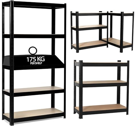 JupiterJX Garage Shelves Storage Shelving Unit, 5 Tier Heavy Duty 875KG Capacity Boltless Industrial Metal Racking Unit For Home/Office/Workshop/Warehouses (180 x 120 x 60cm, Black)
