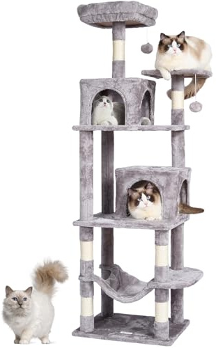 VEVOR Arbre à Chat, 160 cm, Tour d'escalade à Chats avec griffoir en sisal, 2 niches, hamac, perchoir supérieur, Plates-Formes de Saut, balles suspendues, pour activités d'intérieur Chats, Gris Clair
