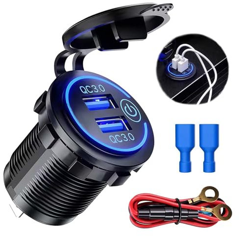QC3.0 - Presa USB doppia, caricatore mobile per auto, ricarica rapida, 12 V/24 V, 36 W, uscita USB con LED Halo, interruttore, pulsante on/off, impermeabile, caricatore accendisigari per auto