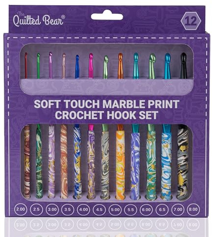 The Quilted Bear Marble Crochet Hook Set – 12 Premium Soft Grip Crochet Hooks with Ergonomic Polymer Clay Handles for Comfortable & Effortless Crocheting (2mm–8mm)