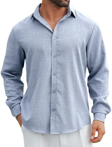 Camisas de lino para hombre Mapick, camisas de manga larga con botones de estilo casual, camisas de vestir desabotonadas, camisas de playa para vacaciones de verano, tops de otoño, mezclilla azul