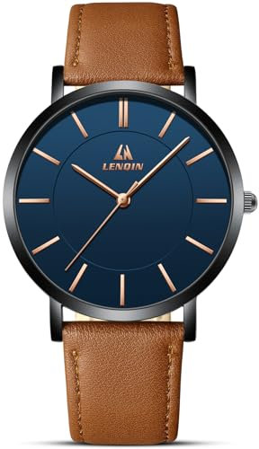 LN LENQIN Montre Homme Montres pour Hommes Montre Analogique à Quartz 30M Waterproof Montres Poignets Hommes Montre Fashion Business Homme Designer Bracelet Cuir (LN-0593-Brown Black Blue)