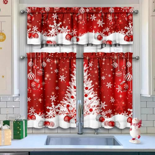 Xsinufn Christmas Kitchen Curtains Valances 3 Piece Set,Xmas Ball Ornaments Snowflakes Rod Pocket Kitchen Curtain Over Sink Window,Farmhouse Cafe Curtains for Holiday Winter Decor 36 Inch